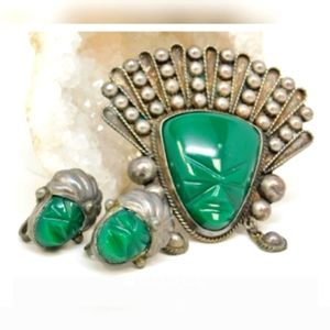 Vtg. 925 Silver Mexican Warrior Mask & Earrings